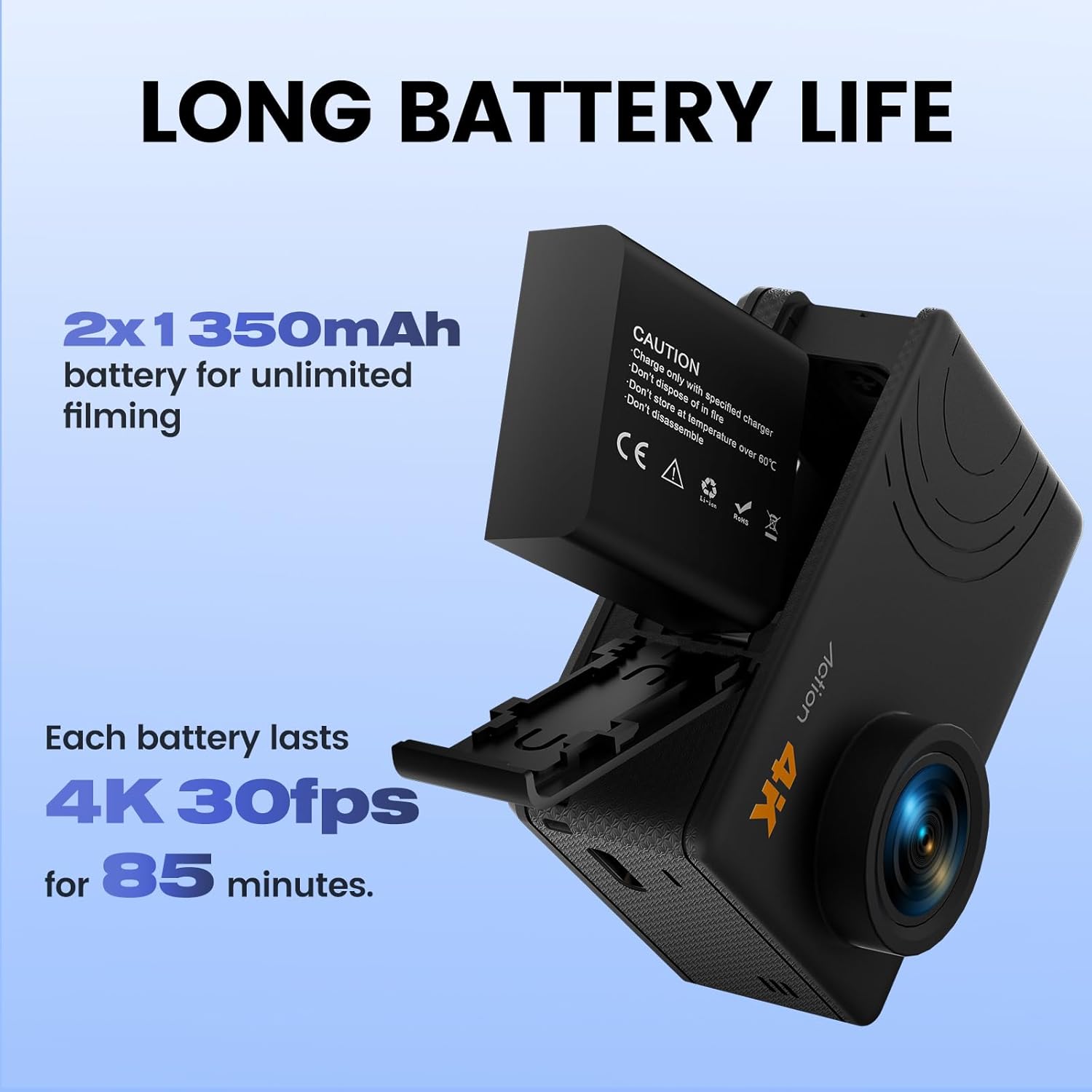 Action Camera 4K 60FPS 48MP, EIS Sports Camera with 128GB Card,131FT Underwater Waterproof Camera with Case, 2inch Touch Screen, 8X Zoom, Remote Control, Batteries & Mounting Kits - Image 7